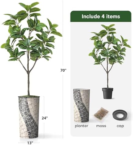 Artificial Tree in Geometric Pattern Planter, Fake Rubber Silk TRE for Indoor and Outdoor Home Decoration - 70" Overall Tall (Plant Pot Plus Tree) - Image 5