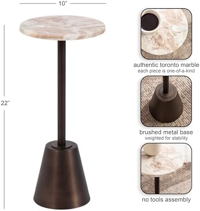 Kate and Laurel Tira Elegant Round Drink Table, 10 x 10 x 22, Brown Marble and Bronze, Modern Glam Circle Martini Table for Use as a Small Bedroom Nightstand or Living Room Plant Stand Option - Image 3