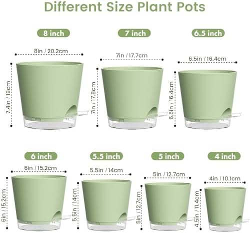Meowell Self Watering Pots Set of 7 – Assorted Size 4" to 8" Indoor Plant Pots with Drainage Holes and Clear Reservoir for Visible Water Level, Plastic Wicking Planter for House Plants & Flower, Green - Image 2