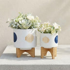 Funky Shapes Ceramic Planters with Wooden Stand for Home Decor Flower Pots for Living Room, Entryway, and Garden - Raised Plant Pots fo Indoor and Outdoor Plants - Set of 2, 11", 7", White & Tan by NESSANDJORD