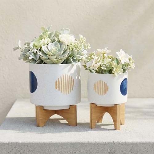 Funky Shapes Ceramic Planters with Wooden Stand for Home Decor Flower Pots for Living Room, Entryway, and Garden - Raised Plant Pots fo Indoor and Outdoor Plants - Set of 2, 11", 7", White & Tan by NESSANDJORD