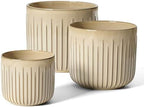 LE TAUCI Ceramic Pots for Plants, 8.3/7/6 Inch Indoor Planters with Drainage Holes & Mesh, Modern Glossy Glaze Cylinder Fluted Plant Pot for Snake Plant, Set of 3, Sand Beige by LETAUCI