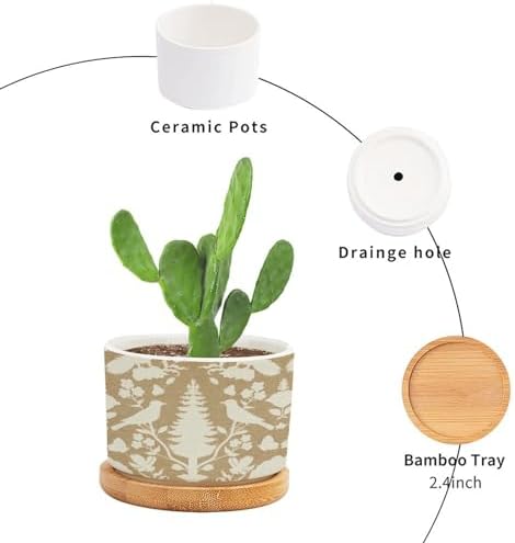 Chenonceau Birds and Botanicals Marine Planter Ceramic Chinoiserie White Bird Floral Round Plant Pot with Drainage Holes and Bamboo Tray Pot for Indoor Outdoor Garden - Image 3