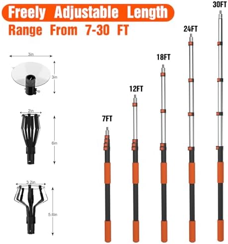 LAANPOLE 36FT Reach Light Bulb Changer for High Ceilings, Light Bulb Changer with Baskets and Suction Cup for Recessed Lights with 7-30FT Telescoping Extension Pole - Image 3