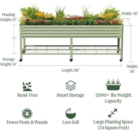 Rolling Elevated Raised Garden Beds, 3' x 8' Outdoor Planters Boxes with Legs & Storage Rack for Patio, 2000+ Lbs Weight Capacity, Raised Beds for Gardening Herbs Flowers, Olive Green - Image 2