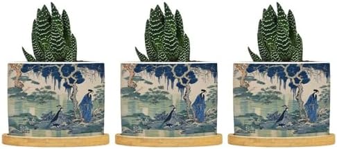 Blue and Green Ceramic Planters Asian Chinoiserie Life Flower Pots for Indoor Plants with Drainage Holes and Saucers Pot for Outdoor Garden Home Plant by BRUYU5SE