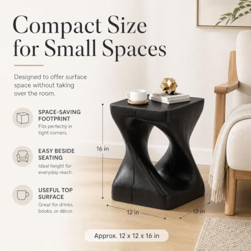 Twisted Solid Wood Accent Table, Hand-Carved Sculptural End Table, 12x12x16 inch Rustic Wooden Stool, Modern Geometric Side Table for Living Room Bedroom, Natural Wood Nightstand Plant Stand - Image 5