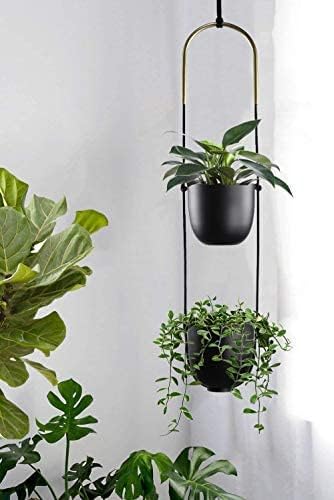 Modern Metal Hanging Planter for Indoor Outdoor Plants with Hook 2 Tier Boho Wall and Ceiling Flower Pots Baskets Holder Home Office Decor(Black) - Image 2