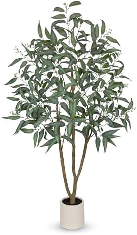 Eucalyptus Trees Artificial Indoor - 5FT Tall Faux Eucalyptus Plants in White Planter, Fake Plant Décor for Farmhouse Bedroom Office Room Hallway Decoration by Briful