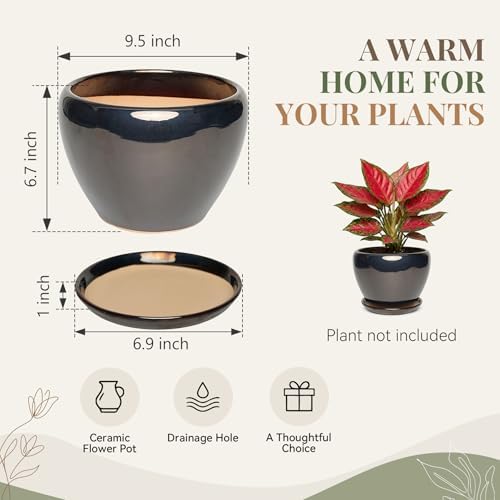9.5 Inch Ceramic Plant Pot with Drainage Hole Mesh Net,Modern Gardening Pots for Indoor Plants with Saucer, Black - Image 6