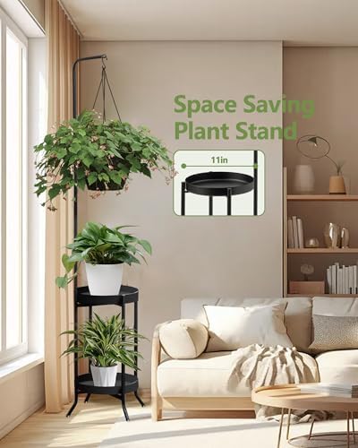 RINBOU 2Pcs Hanging Plant Stand Indoor Outdoor, Space-Saving Corner Metal Plant Shelf 3 Potted Flower Pot Stand, 2 Tier 61" Tall Modern Planter Holder for Patio Garden Balcony Living Room Bedroom - Image 3
