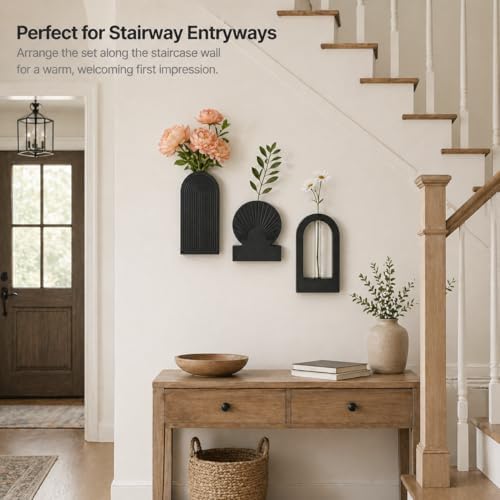 TBWIND Black Wooden Wall Vases Set of 3, Wall Planters with Glass Tube Kit - Image 5