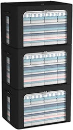 CYhom 3Pack Foldable Storage Bins - Frame Storage Box Linen Fabric Stackable Clothes Container Organizer with Clear Window & Carry Handles Large Capacity (Large-66L, Black) by CYhom