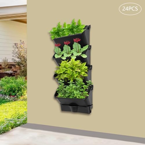 Wall-Mounted Vertical Garden Planter Set – 24 Self-Watering Planters with Drainage Pipe, Stackable Wall Planters for Indoor & Outdoor Use (Black, 24PCS) - Image 4