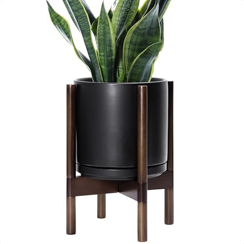 D'vine Dev Ceramic Pot with Walnut Wood Stand, Black, 10 in, 55-B-X-2 by DvineDevPlanterPotsandStand