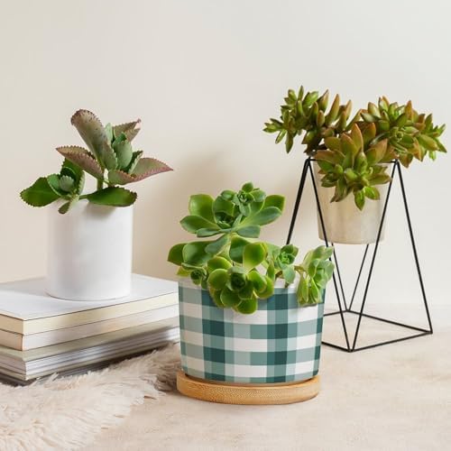 Sage Green Buffalo Plaid Planter Ceramic Green Buffalo Check Round Flower Pot with Drainage Holes and Bamboo Tray Pot for Home Office Desk Garden - Image 4