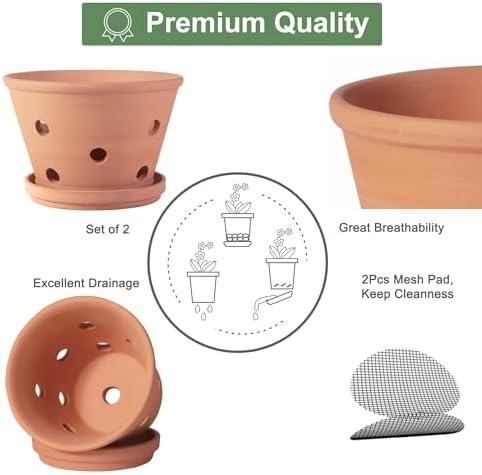 8 inch Terracotta Orchid Pots with Holes and Saucers, 2 Pack Clay Orchid Planter Pots for Repotting, Large Terra Cotta Orchid Pot, Plant Flower Pots for Orchid Indoor Outdoor Promotes Air Circulation - Image 3