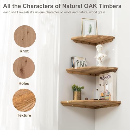 Corner Shelves, Floating Corner Shelf, Set of 2 Solid Oak Wood Wall Shelves, Round End Wall Mount with Wire Hole Shelving for Small Plant for Bedroom Kitchen, Living Room 8.7“ - Image 5