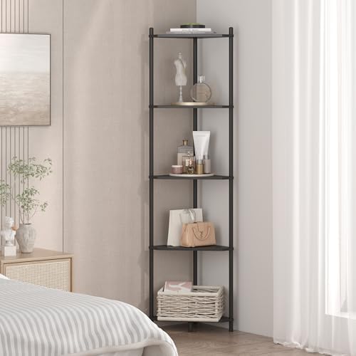 Wisuce Black Tall Corner Shelf Stand, 5-Tier Bamboo Corner Bookshelf - Image 3