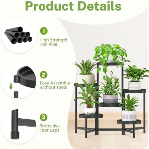 iDavosic.ly 6 Tier Folding Plant Stand Indoor Outdoor, Plastic Tray, Black - Image 4