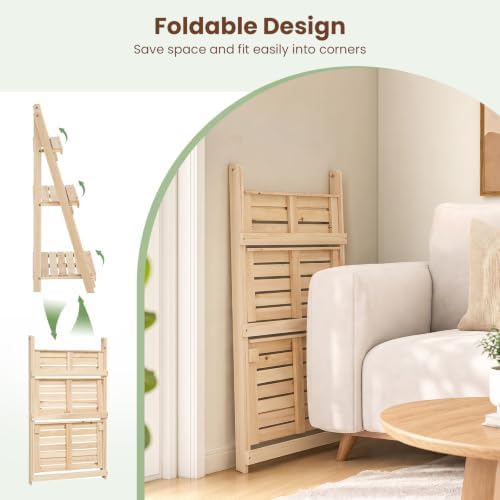 GIANTEX Foldable Wooden Plant Stand, 3-Tier Ladder Plant Shelf, Natural - Image 4