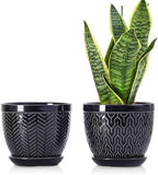 Sureasy 6.5 Inch Ceramic Plant Pots, Embossed Decorative Planters with Drainage Hole and Saucer, Modern Flower Pots for Indoor Plants, Set of 2, Black by Sureasy