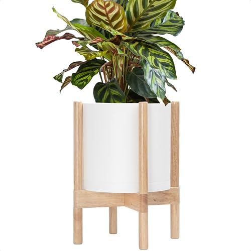 D'vine Dev Plastic Pot with Natural Wood Stand, White, 10 in, 55-C-M-1 by DvineDevPlanterPotsandStand