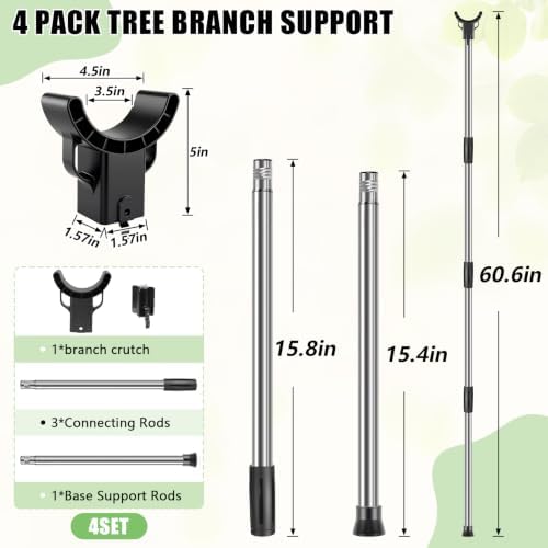 4 Set Adjustable Tree Branch Support, 18"-60" Tree Support Pole with Crutch - Image 2