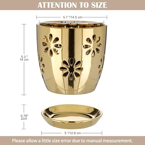 Oairse 6 inch Orchid Pots with Holes, Gold Ceramic Orchid Pot for Repotting Small Indoor Plant Pots with Drainage Holes and Saucers Decorative Flower Planter for Orchids, Indoor Plant - Image 3