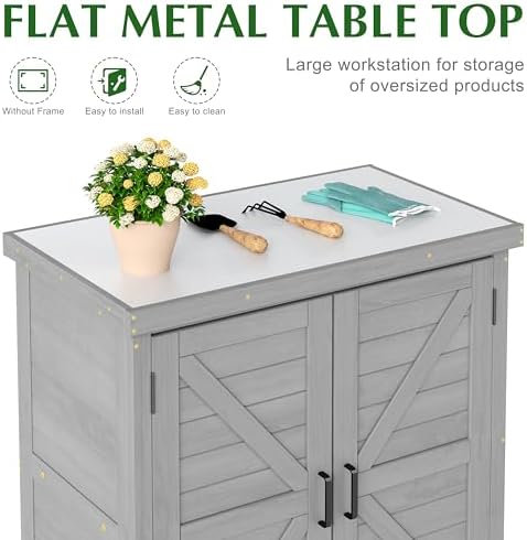 Outdoor Storage Cabinet & Potting Bench Table with Metal Top, Wooden Patio Furniture, Garden Workstation (Classic Grey, 36x31x17in) - Image 4