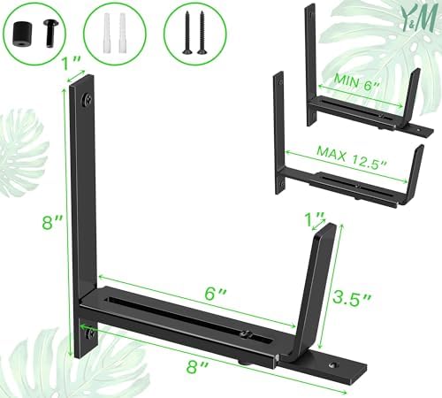 Y&M 2 Pack Adjustable Planter Box Brackets (6 to 12.5 in), Universal Window Box Brackets, Heavy Duty Iron Flower Box Wall Mounting Hooks for Balcony, Fences, Patio, and Garden - Black - Image 3