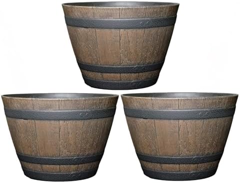 Classic Home and Garden Whiskey Plastic Resin Flower Pot Barrel Planter, Walnut Brown, 20.5" (Pack of 3) by Classic+Home+%26+Garden