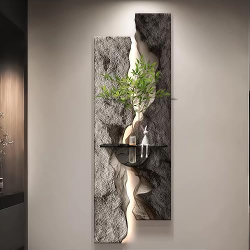 3D Textured Sandstone Wall Art with LED Light and Hydroponic Vase, Modern Framed Abstract Sculpture Wall Decor for Living Room Bedroom for Apartment Office Entryway(Grey-A,35x100cm (13.8x39.4in)) by WXZXWXZX
