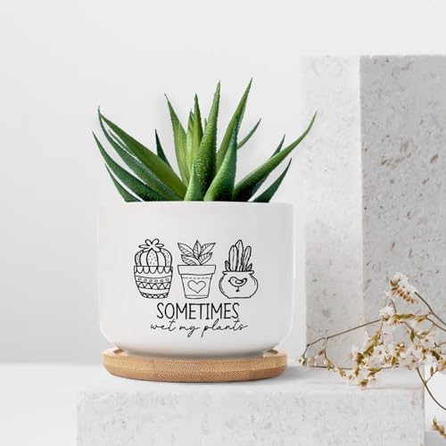 DreamAutumn Pack of 3 Planters Ceramic Sometimes Wet My Plants Ceramic Pots with Drainage Holes Round Flowerpot Bamboo Tray Plant Pots for Succuelnt and Little Snake Plants - Image 7