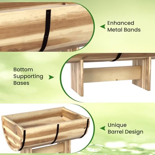 Giantex Set of 2 Half Barrel Raised Garden Bed, Acacia Wood Planter Box for Flower Vegetable Fruit, Outdoor Indoor Plant Pot with Legs for Garden Decoration, 18"x12"x11.5" - Image 6