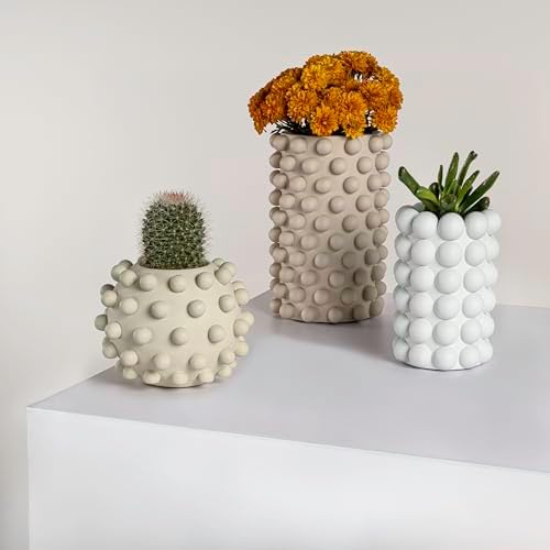Eyely Delara Modern Minimalist Handmade Concrete Bubble Cylinder and Round Planter Set, Matte Soft Neutral (Set of 3) (NLP1002A-3SET) - Image 5
