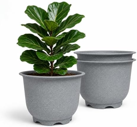17 Inch Wide Mouth Planter Urns, Set of 3, Granite Grey, Premium Plastic by OUMUHE