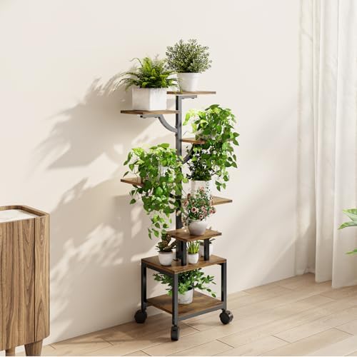 Plant Stand Indoor with Grow Lights - 7-Tier Plant Stand with Wheels, Tall Metal and Wood Indoor Plant Shelf with Tree Design, Rolling Flower Pot Holder Rack with Waterproof Finish, Adjustable Display Stand for Home Garden, Patio, 41" Tall - Image 2