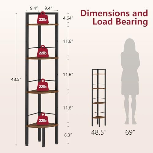 Tajsoon Corner Shelf Stand 4 Tier 48.5" with Metal Frame, Rustic Brown - Image 2