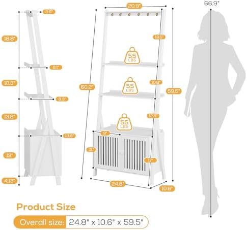 Ladder Shelf with Drawers, Bookshelf 4-Tier Bamboo Bookcase with 6 Hooks - Image 3