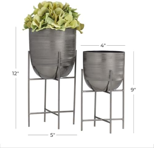 Deco 79 Metal Small Brushed Dome Planter with Removable Stand, Set of 2 12", 9"H, Gray - Image 6