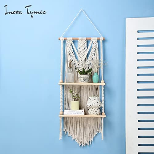 Macrame Wall Hanging Shelf - Boho Shelves Bedroom Decor | Macrame Wall Decor for Kitchen, Plant Hanger Shelves, Woven Rope Floating Shelves & Home Storage Organizer - 2 Tier - Image 6