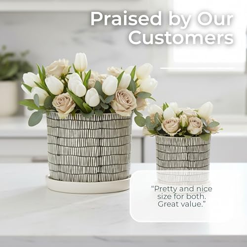 Set of 2 Geometric Decorative Ceramic Planter Pots with Saucer – Stoneware Outdoor & Indoor Plant Pots with Drainage – Modern Garden & Home Decor Ceramic Planters – 6" & 8", Ivory - Image 6