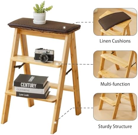 Latifolia Foldable 3 Step Ladder, Bamboo Step Stool with Floor Saver, Decorative Ladder Shelf for Living Room, Kitchen, Garden(Nature) - Image 3