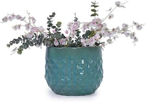 Modern Geometric Ceramic Planter Set of 3 for Indoor Outdoor Use, Diamond Textured Decorative Plant Pots with Drainage Hole for Garden Patio Windowsill Balcony Desk Shelf Home Décor Display (Blue) - Image 6