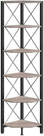 CHOEZON 6-Tier Corner Shelf, Corner Bookcase, 66.9" Tall Vertical Display Rack, Plant Stand, Open Storage Shelf, for Living Room, Bedroom, Study, Kitchen, Greige and Black TCJ13BG - Image 6