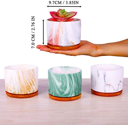 4 pcs 4 Inches Ceramic Marbleizing Style, Big Planters with Bamboo Trays (Colorful) - Image 2