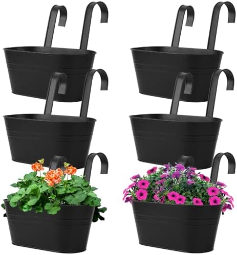 6 Pack Metal Railing Planter for Outdoor Plants, BlackIron Railing Planters, Metal Window Hanging Flower Pots for Balcony, Fence, and Patio Railings, Garden Decor with Drainage Holes by Unknown