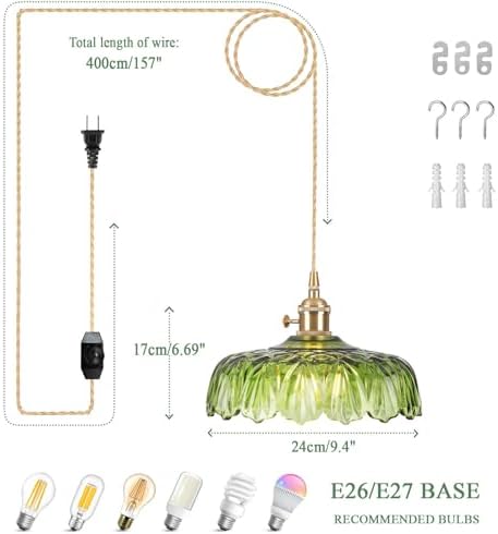 Plug in Pendant Light Fixtures,Green Glass Lampshade Pendant Lighting 9.4in E26 Hanging Light Fixture for Kitchen Island, Bedroom, Dining Room, Living Room - Image 2