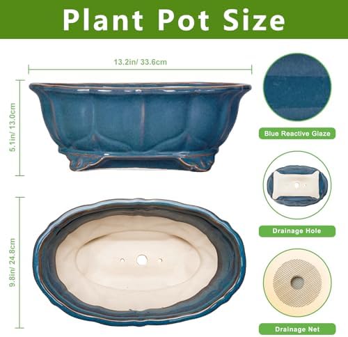 Bonsai Pots - 13.2 Inch Oval Ceramic Pots for Plants, Large Succulent Planter with Drainage Hole, Decorative Planters for Indoor Outdoor, Garden House Decor, Housewarming Gifts, Retro Blue - Image 2